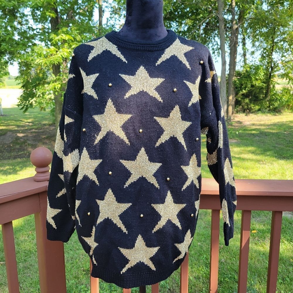 Vintage Maurada Black Gold Star Print Long Sleeve Pullover Studded Sweater Large